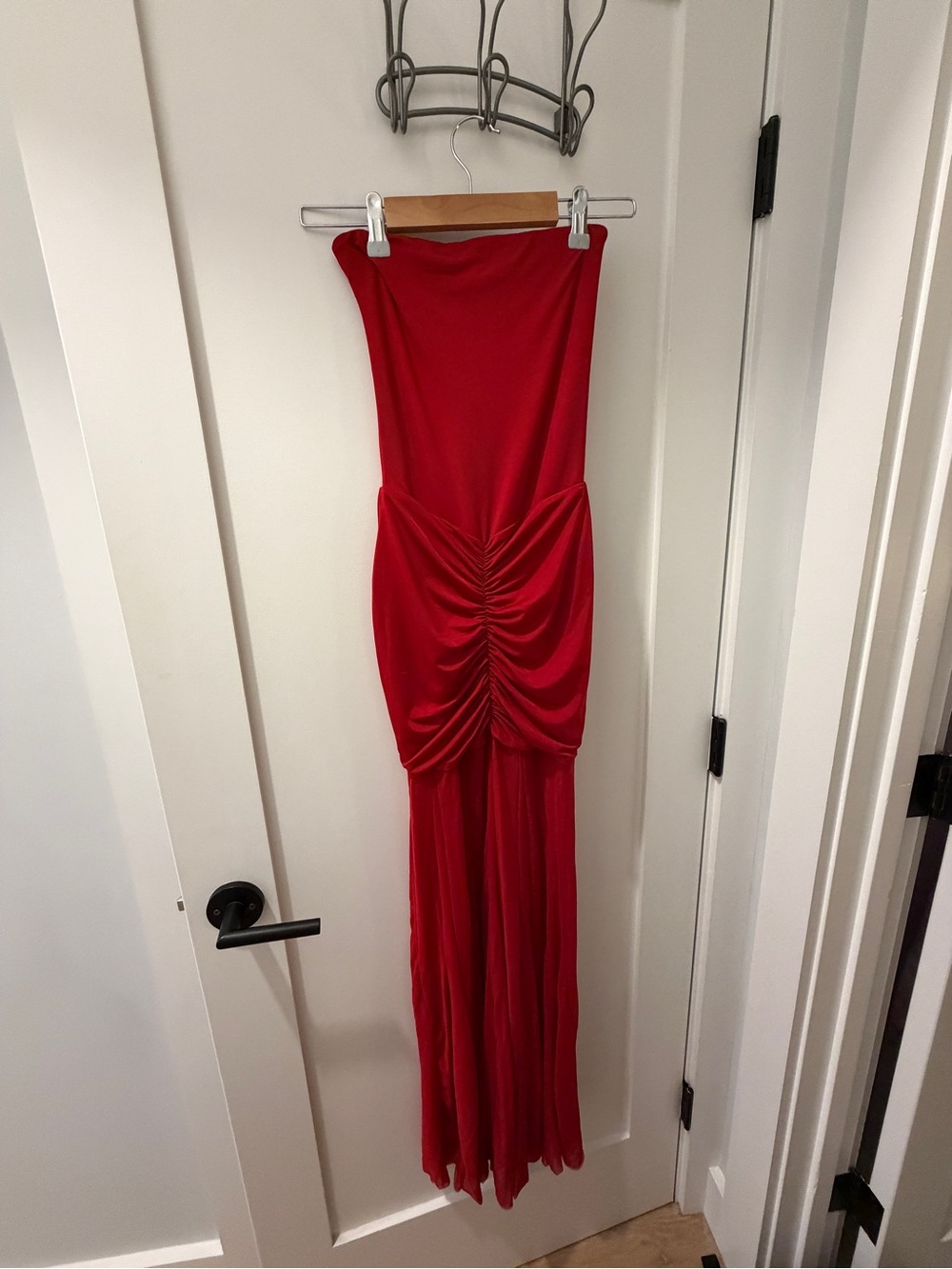 Meshki Red Strapless Ruched Maxi Dress